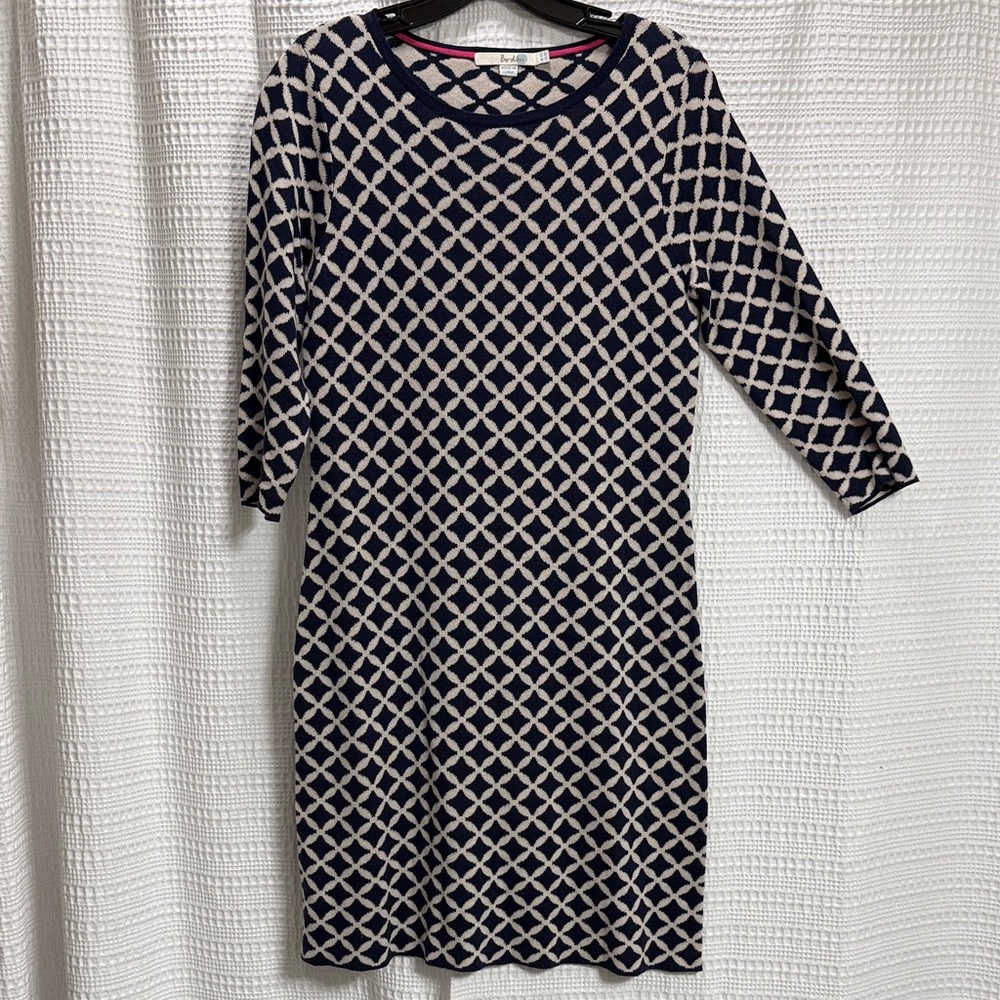 Boden Diamond Geo Pattern Knit Midi Tunic Dress Size 8 R‎ Navy/Cream EUC work